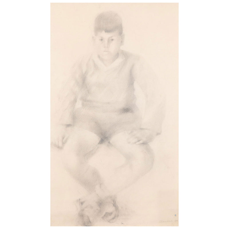 Jack Chambers, Canadian Art, "Study of a Young Boy in Sweater"   Spain, 1958  Graphite on paper  Signed and dated by artist  19"H 11.5"W (work)  26.75"H 18.25"W (framed)  Very good condition.