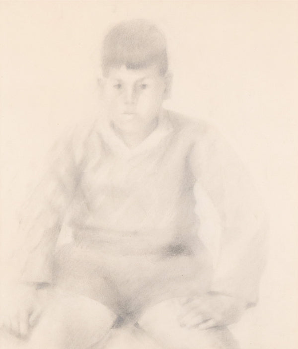 Jack Chambers, Canadian Art, "Study of a Young Boy in Sweater"   Spain, 1958  Graphite on paper  Signed and dated by artist  19"H 11.5"W (work)  26.75"H 18.25"W (framed)  Very good condition.