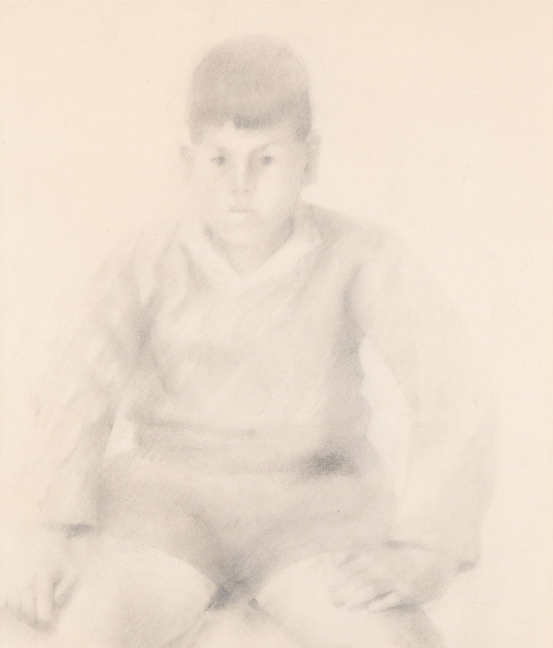 Jack Chambers, Canadian Art, "Study of a Young Boy in Sweater"   Spain, 1958  Graphite on paper  Signed and dated by artist  19"H 11.5"W (work)  26.75"H 18.25"W (framed)  Very good condition.