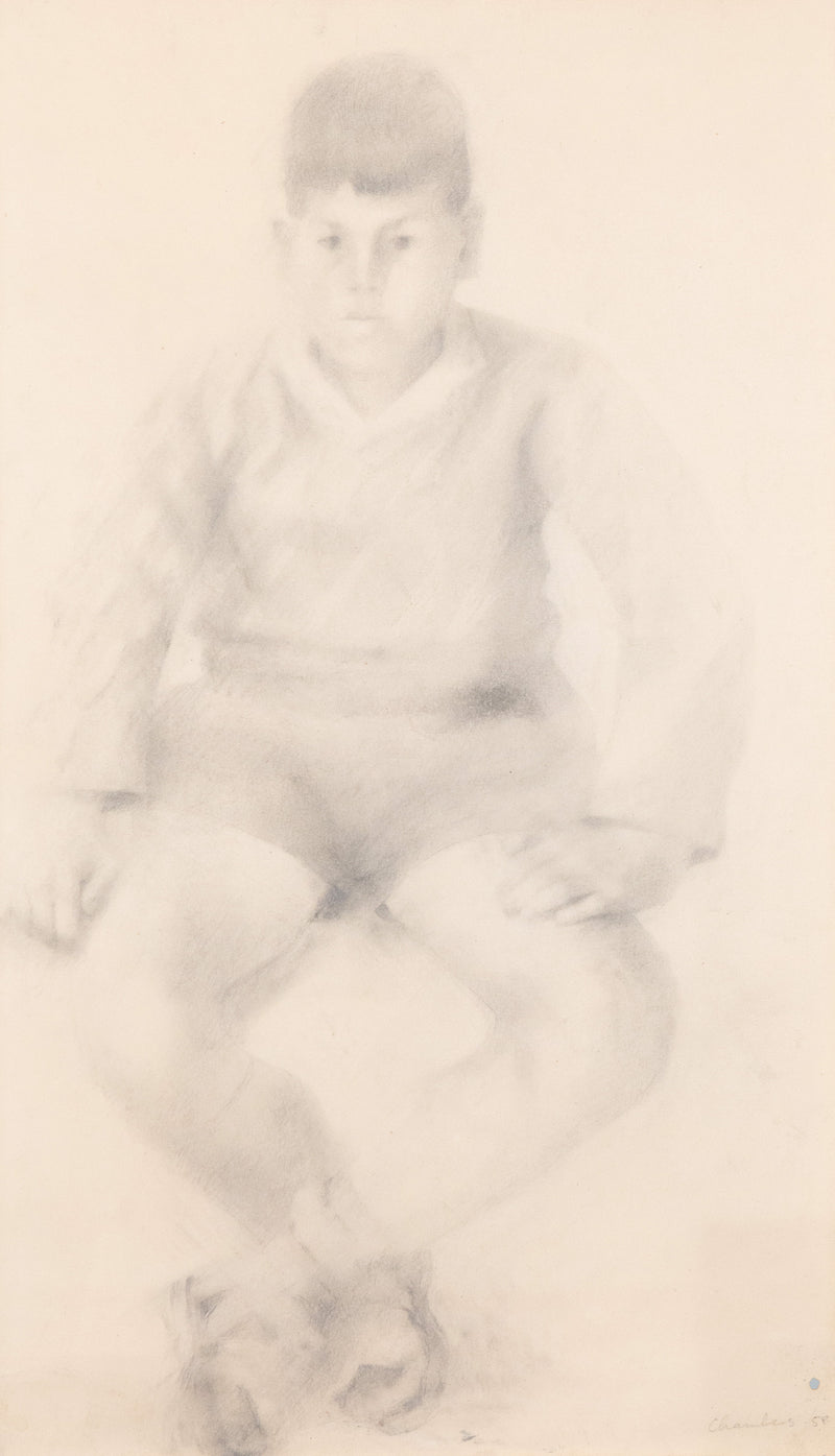 Jack Chambers, Canadian Art, "Study of a Young Boy in Sweater"   Spain, 1958  Graphite on paper  Signed and dated by artist  19"H 11.5"W (work)  26.75"H 18.25"W (framed)  Very good condition.