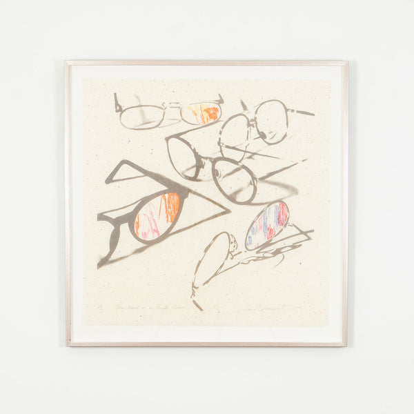 James Rosenquist “My Mind is an Empty Glass” USA, 1994. The work features five pairs of eyeglasses scattered about, each varying in style. Curiously, the left lens on three of the pairs are filled with frenetic dashes of tangerine, cherry red, and periwinkle, perhaps mimicking 3D glasses.