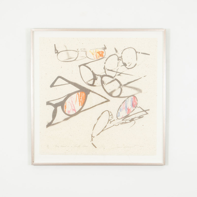 James Rosenquist “My Mind is an Empty Glass” USA, 1994. The work features five pairs of eyeglasses scattered about, each varying in style. Curiously, the left lens on three of the pairs are filled with frenetic dashes of tangerine, cherry red, and periwinkle, perhaps mimicking 3D glasses.