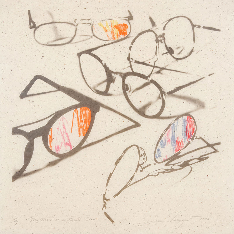 James Rosenquist “My Mind is an Empty Glass” USA, 1994. The work features five pairs of eyeglasses scattered about, each varying in style. Curiously, the left lens on three of the pairs are filled with frenetic dashes of tangerine, cherry red, and periwinkle, perhaps mimicking 3D glasses.