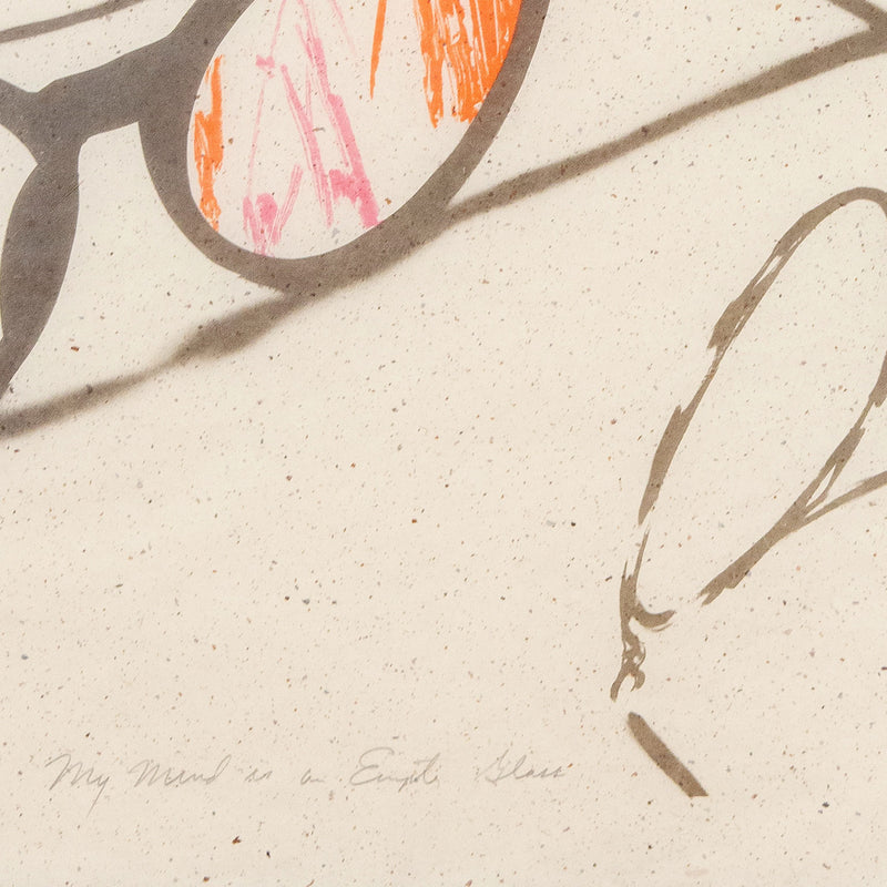 James Rosenquist “My Mind is an Empty Glass” USA, 1994. The work features five pairs of eyeglasses scattered about, each varying in style. Curiously, the left lens on three of the pairs are filled with frenetic dashes of tangerine, cherry red, and periwinkle, perhaps mimicking 3D glasses.