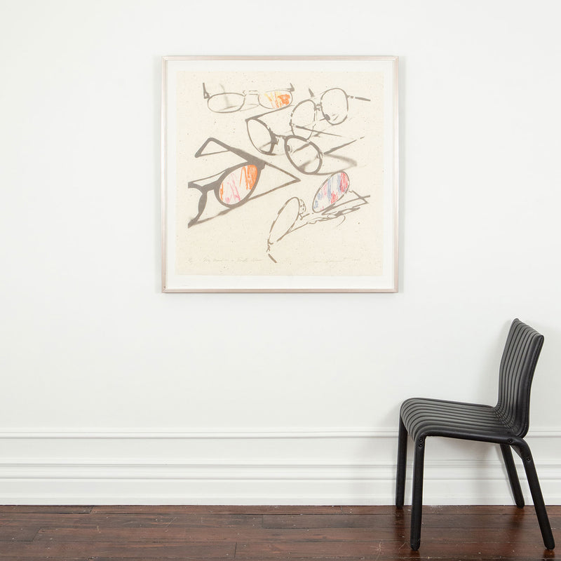 James Rosenquist “My Mind is an Empty Glass” USA, 1994. The work features five pairs of eyeglasses scattered about, each varying in style. Curiously, the left lens on three of the pairs are filled with frenetic dashes of tangerine, cherry red, and periwinkle, perhaps mimicking 3D glasses.