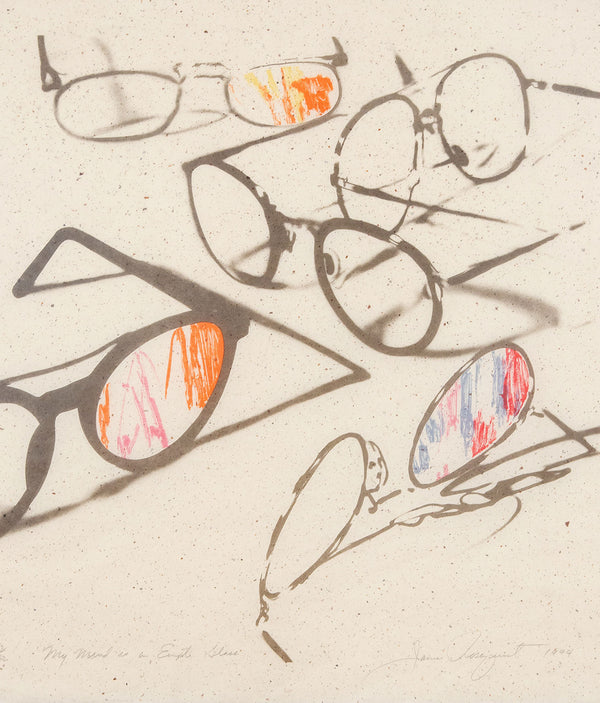 James Rosenquist “My Mind is an Empty Glass” USA, 1994. The work features five pairs of eyeglasses scattered about, each varying in style. Curiously, the left lens on three of the pairs are filled with frenetic dashes of tangerine, cherry red, and periwinkle, perhaps mimicking 3D glasses.