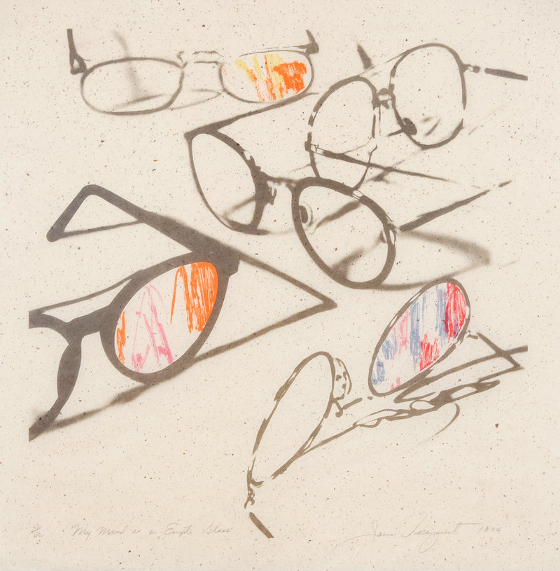 James Rosenquist “My Mind is an Empty Glass” USA, 1994. The work features five pairs of eyeglasses scattered about, each varying in style. Curiously, the left lens on three of the pairs are filled with frenetic dashes of tangerine, cherry red, and periwinkle, perhaps mimicking 3D glasses.