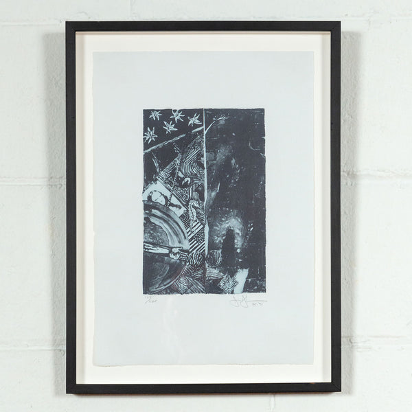 Jasper Johns, Summer Blue, Lithograph, 1991, Caviar20,  Caviar20 prints, displayed in black minimal frame and hanging on white brick wall