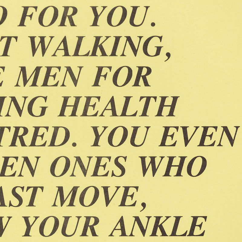 Jenny Holzer "Half-Dead - Inflammatory Eassy" 1982. This canary yellow Inflammatory Essay drips with satire and stark reality. Here class differences and perceptions are explored as homeless individuals described as "dirty ghosts" are accused of being dangerous when not completely subdued by starvation, illness, or injury.