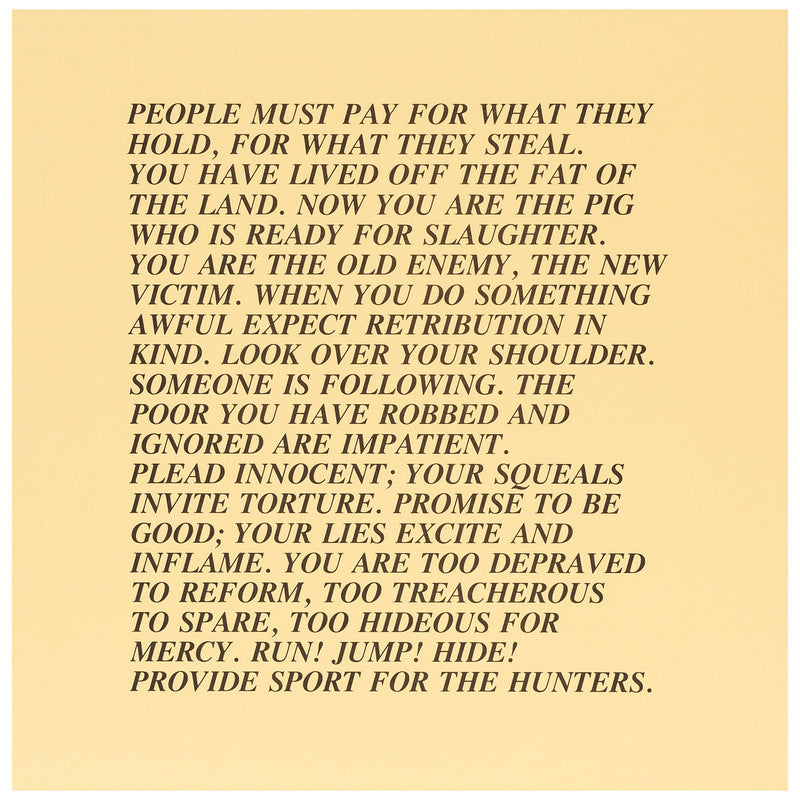 Jenny Holzer, "Inflammatory Essay" (from Documenta 1982)  Offset lithograph  17”H 17”W  Very good condition  Literature: "Jenny Holzer" by Diane Waldman 1989