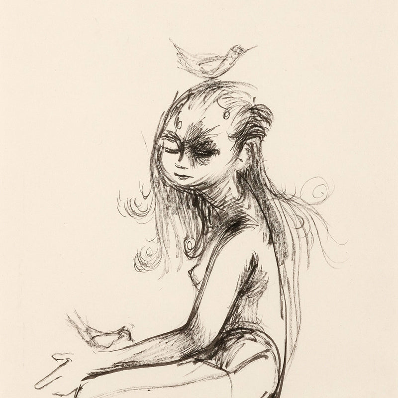 JOYCE WIELAND "GIRL WITH BIRDS" DRAWING