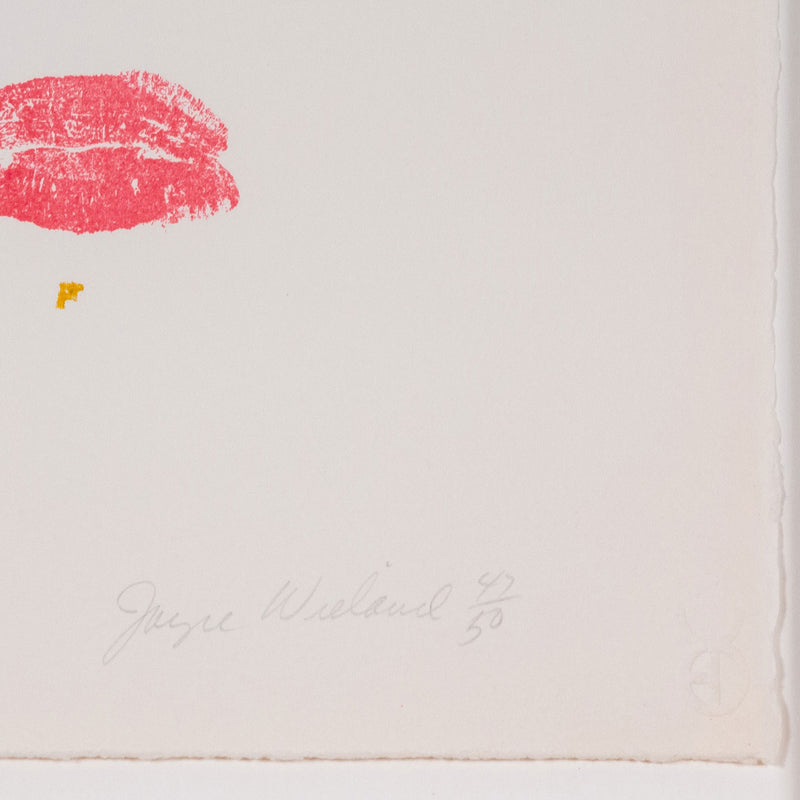 Joyce Wieland "The Arctic Belongs to Itself" Lithograph, 1973. Canadian artist uses red lipstick pressed onto a lithographic stone to create a series of lipstick stains that mouth the words "The Arctic Belongs to Itself".