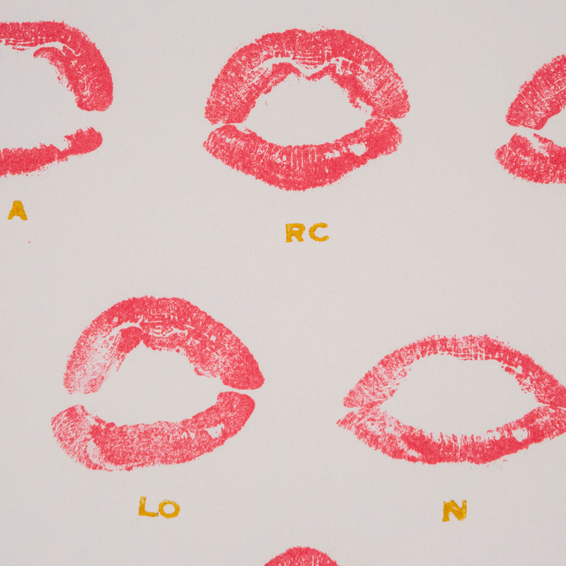 Joyce Wieland "The Arctic Belongs to Itself" Lithograph, 1973. Canadian artist uses red lipstick pressed onto a lithographic stone to create a series of lipstick stains that mouth the words "The Arctic Belongs to Itself".