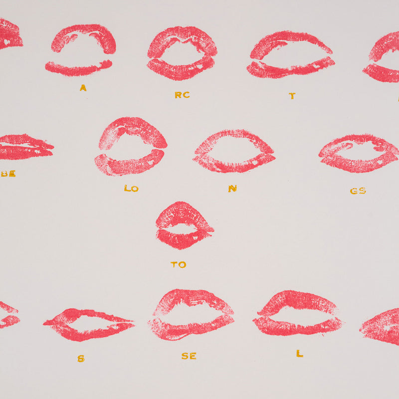 Joyce Wieland "The Arctic Belongs to Itself" Lithograph, 1973. Canadian artist uses red lipstick pressed onto a lithographic stone to create a series of lipstick stains that mouth the words "The Arctic Belongs to Itself".