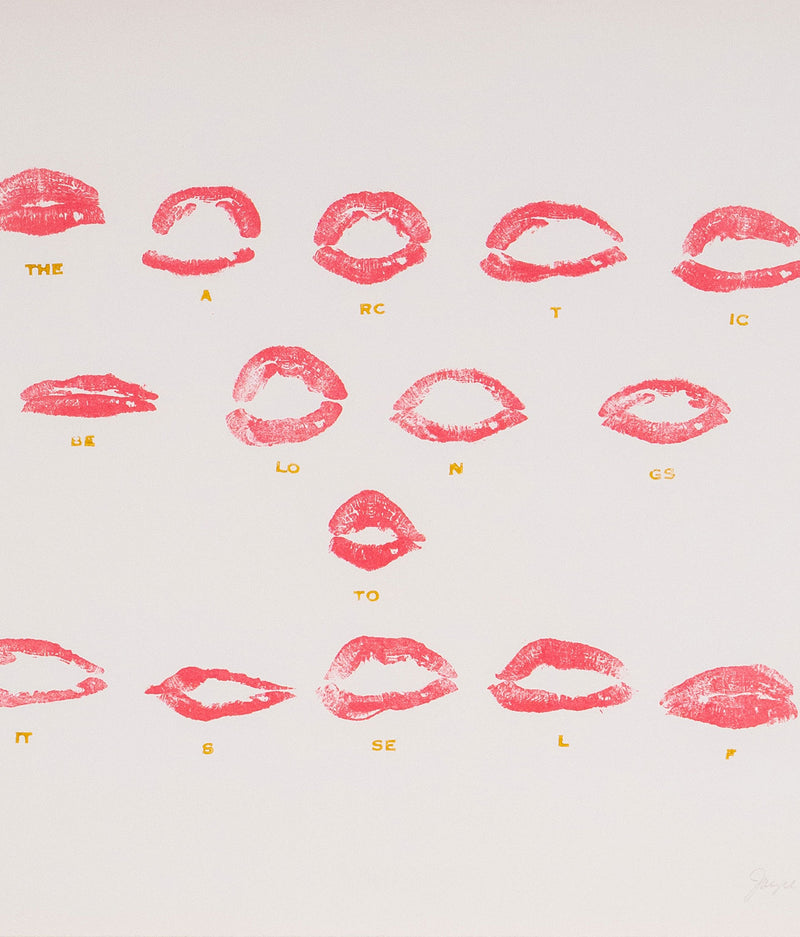 Joyce Wieland "The Arctic Belongs to Itself" Lithograph, 1973. Canadian artist uses red lipstick pressed onto a lithographic stone to create a series of lipstick stains that mouth the words "The Arctic Belongs to Itself".