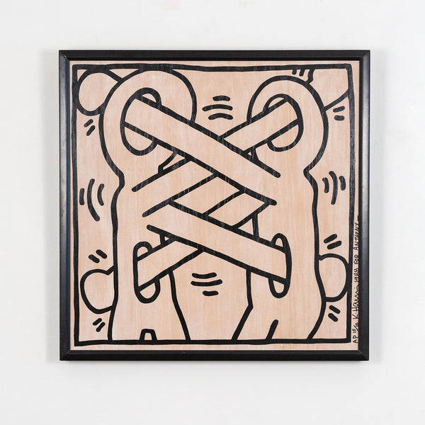 Keith Haring, American Art, "Art Attack on AIDS"  USA, 1988  Screenprint on oak veneer plywood  Signed, dated, and numbered by artist   Inscribed with the note "For Anthony"  From an edition of 10 artist proofs  30”H 30”W 2”D (work)  31.5"H 31.5"W 2"D (framed)  Very good condition.  Provenance: Gallery Moos, Toronto