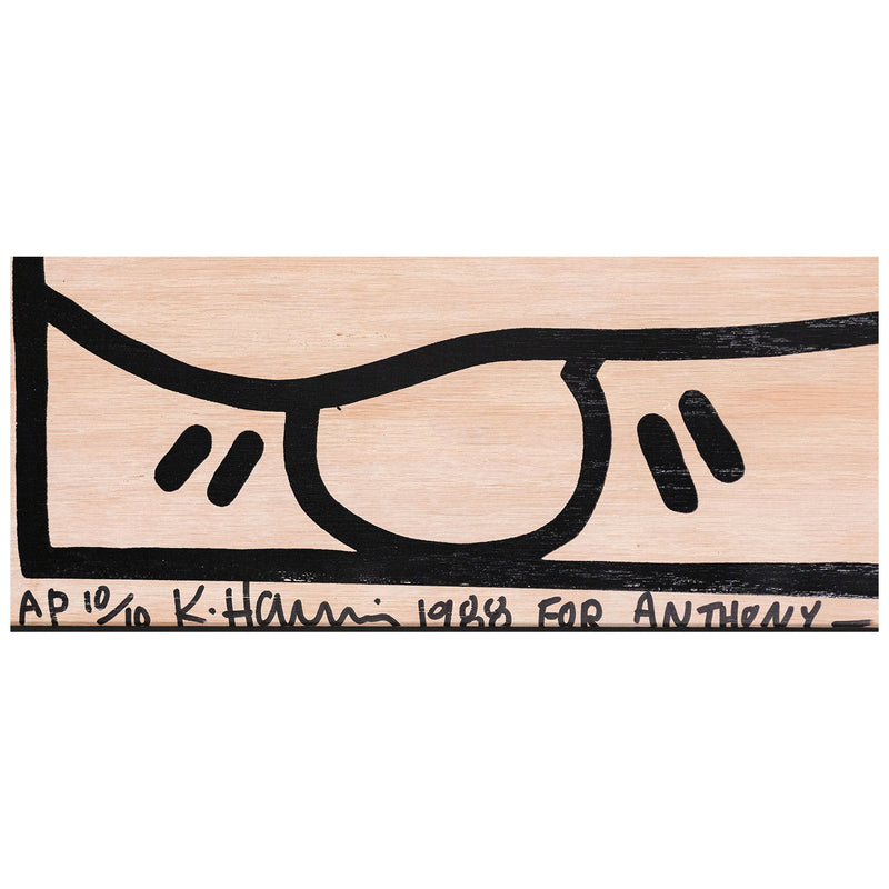 Keith Haring, American Art, "Art Attack on AIDS"  USA, 1988  Screenprint on oak veneer plywood  Signed, dated, and numbered by artist   Inscribed with the note "For Anthony"  From an edition of 10 artist proofs  30”H 30”W 2”D (work)  31.5"H 31.5"W 2"D (framed)  Very good condition.  Provenance: Gallery Moos, Toronto
