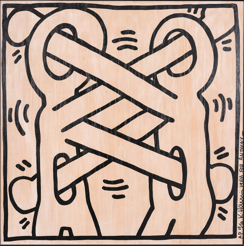 Keith Haring, American Art, "Art Attack on AIDS"  USA, 1988  Screenprint on oak veneer plywood  Signed, dated, and numbered by artist   Inscribed with the note "For Anthony"  From an edition of 10 artist proofs  30”H 30”W 2”D (work)  31.5"H 31.5"W 2"D (framed)  Very good condition.  Provenance: Gallery Moos, Toronto