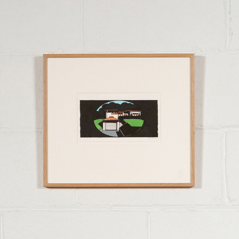 Ken Price, House, Painting, 1990, caviar20 originals, framed and displayed on a white brick wall