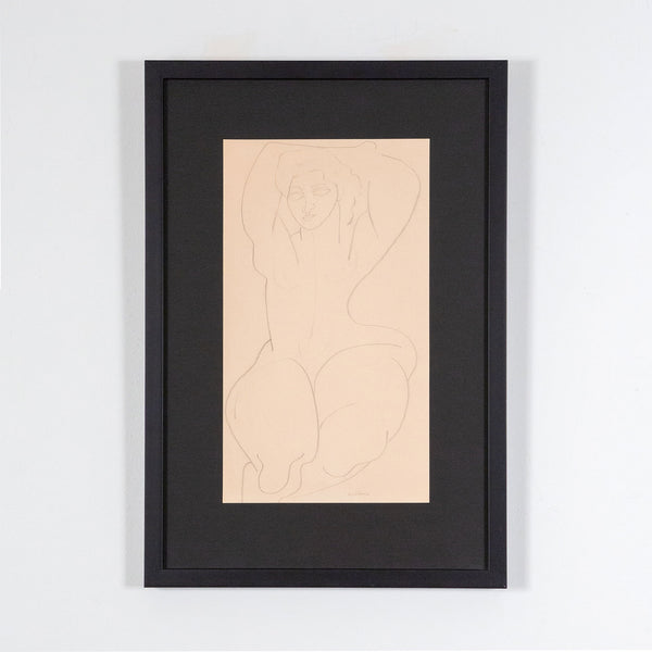 Louise Nevelson "Folded Nude" Drawing, circa 1930s. This simplistic piece features a nude woman, her arms held over her head as she exposes the soft curvatures of her body. Completed in pencil, this drawing captures the woman's essence with  just a few lines.