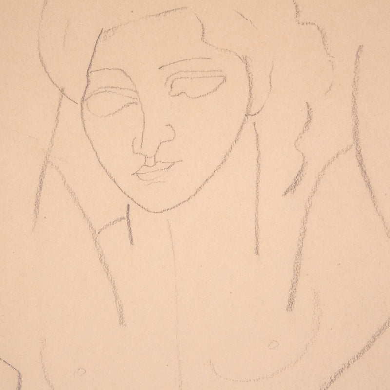 Louise Nevelson "Folded Nude" Drawing, circa 1930s. This simplistic piece features a nude woman, her arms held over her head as she exposes the soft curvatures of her body. Completed in pencil, this drawing captures the woman's essence with  just a few lines.