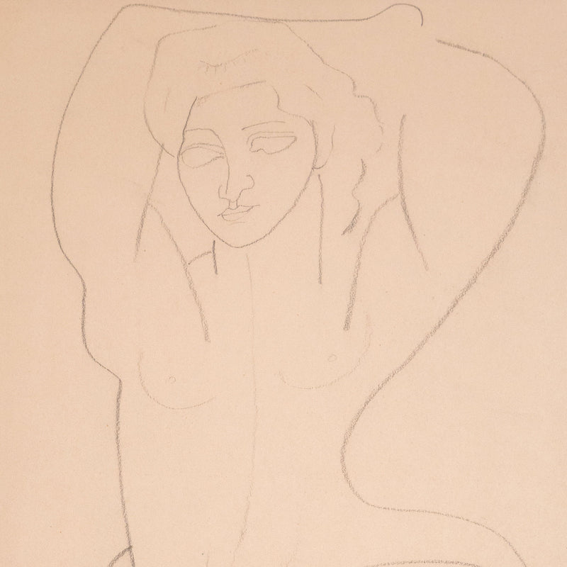 Louise Nevelson "Folded Nude" Drawing, circa 1930s. This simplistic piece features a nude woman, her arms held over her head as she exposes the soft curvatures of her body. Completed in pencil, this drawing captures the woman's essence with  just a few lines.