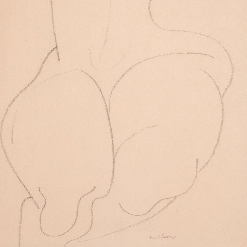 Louise Nevelson "Folded Nude" Drawing, circa 1930s. This simplistic piece features a nude woman, her arms held over her head as she exposes the soft curvatures of her body. Completed in pencil, this drawing captures the woman's essence with  just a few lines.