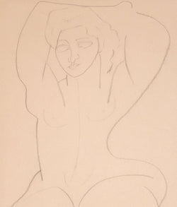 Louise Nevelson "Folded Nude" Drawing, circa 1930s. This simplistic piece features a nude woman, her arms held over her head as she exposes the soft curvatures of her body. Completed in pencil, this drawing captures the woman's essence with  just a few lines.