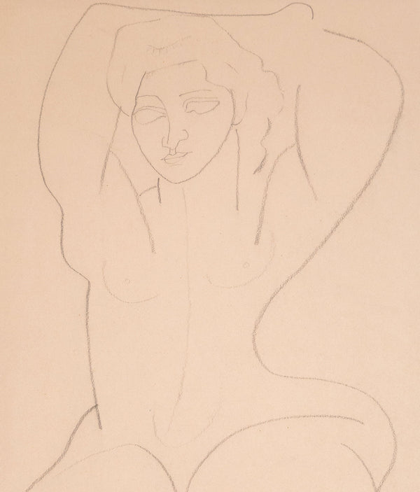 Louise Nevelson "Folded Nude" Drawing, circa 1930s. This simplistic piece features a nude woman, her arms held over her head as she exposes the soft curvatures of her body. Completed in pencil, this drawing captures the woman's essence with  just a few lines.