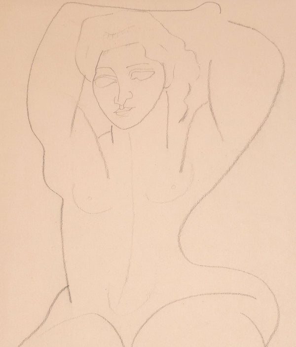 Louise Nevelson "Folded Nude" Drawing, circa 1930s. This simplistic piece features a nude woman, her arms held over her head as she exposes the soft curvatures of her body. Completed in pencil, this drawing captures the woman's essence with  just a few lines.