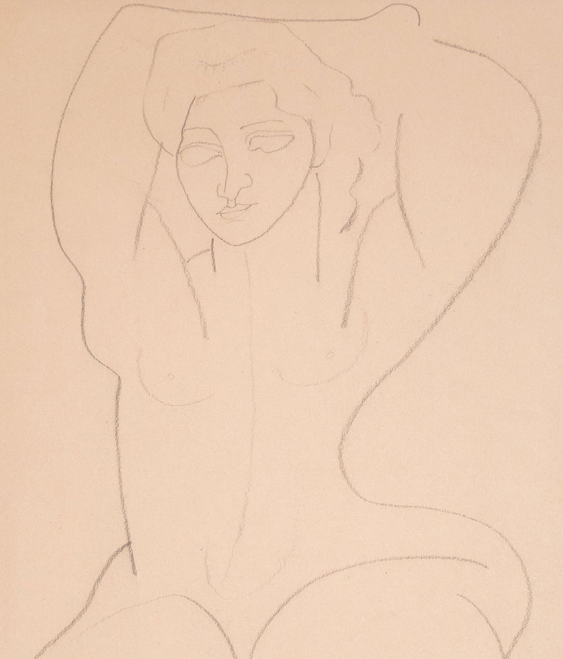 Louise Nevelson "Folded Nude" Drawing, circa 1930s. This simplistic piece features a nude woman, her arms held over her head as she exposes the soft curvatures of her body. Completed in pencil, this drawing captures the woman's essence with  just a few lines.