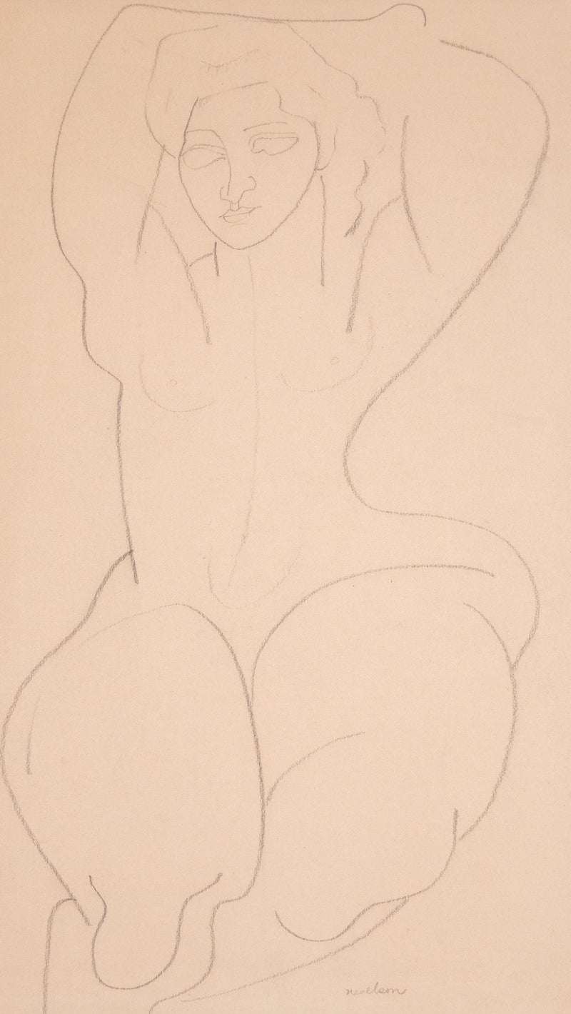 Louise Nevelson "Folded Nude" Drawing, circa 1930s. This simplistic piece features a nude woman, her arms held over her head as she exposes the soft curvatures of her body. Completed in pencil, this drawing captures the woman's essence with  just a few lines.