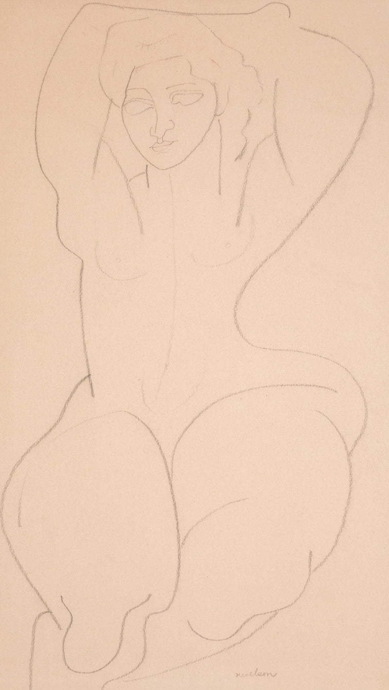 Louise Nevelson "Folded Nude" Drawing, circa 1930s. This simplistic piece features a nude woman, her arms held over her head as she exposes the soft curvatures of her body. Completed in pencil, this drawing captures the woman's essence with  just a few lines.