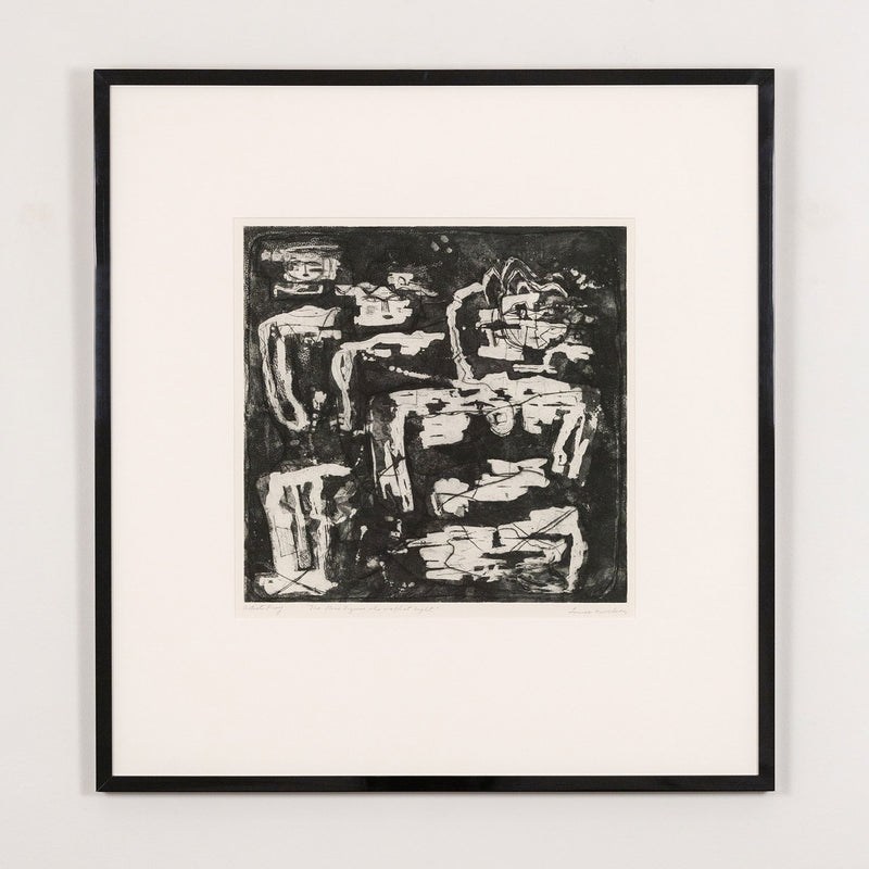 Louise Nevelson, American Artist, Pace Gallery, “The Stone Figures that Walk at Night”  USA, 1953  Etching and drypoint  Signed, titled and numbered by artist  Artist proof, apart from an edition of 20  34”H 24.5”W (work)  35.75"H 33.25"W (framed)  Provenance: Pace Editions, New York | Private Collection