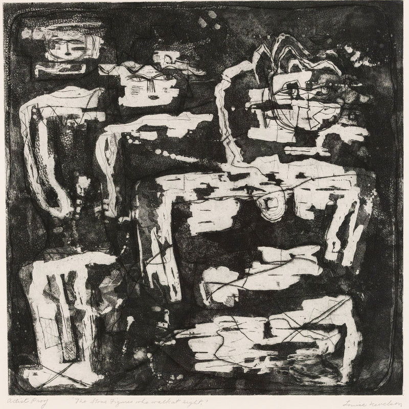 Louise Nevelson, American Artist, Pace Gallery, “The Stone Figures that Walk at Night”  USA, 1953  Etching and drypoint  Signed, titled and numbered by artist  Artist proof, apart from an edition of 20  34”H 24.5”W (work)  35.75"H 33.25"W (framed)  Provenance: Pace Editions, New York | Private Collection