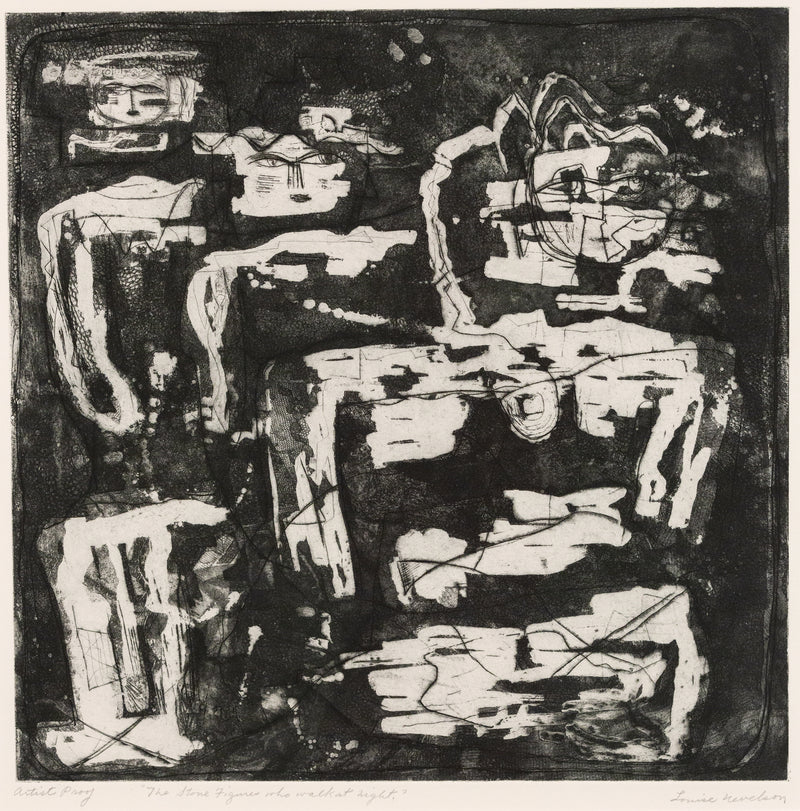 Louise Nevelson, American Artist, Pace Gallery, “The Stone Figures that Walk at Night”  USA, 1953  Etching and drypoint  Signed, titled and numbered by artist  Artist proof, apart from an edition of 20  34”H 24.5”W (work)  35.75"H 33.25"W (framed)  Provenance: Pace Editions, New York | Private Collection