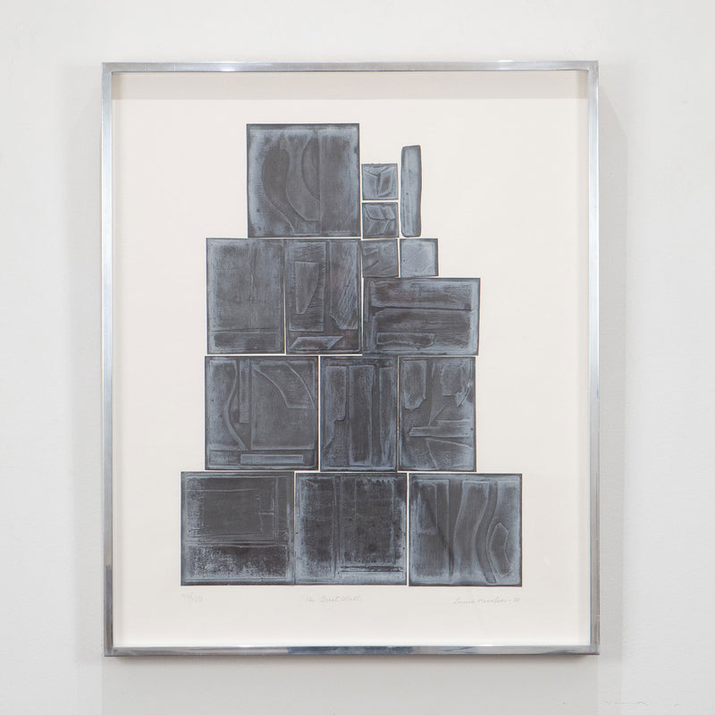 Louise Nevelson, American Art, "The Great Wall”  Italy, 1970  Embossed lead on CM Fabriano paper  Signed, titled, dated and numbered by the artist  From an edition of 150  29.25"H 24.5"W (work)  30.25"H 25.5"W (framed)  Published by Pace Editions, Inc.  Very good condition.  Note: the surface of this work has oxidized over time.  Detailed condition report upon request.  Original frame as issued (very good condition). Original Louise Nevelson Art for sale at Caviar20 Art Gallery Toronto