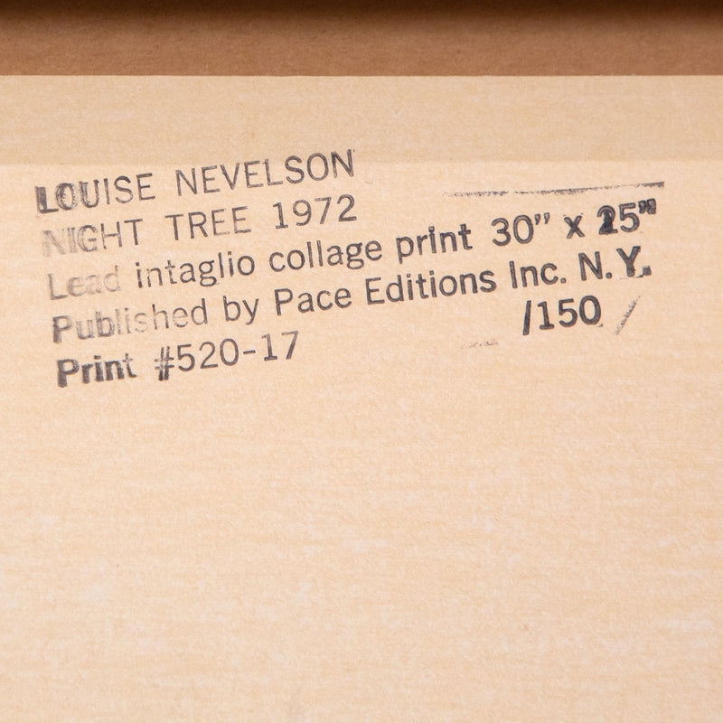 Louise Nevelson, American Art, "The Great Wall”  Italy, 1970  Embossed lead on CM Fabriano paper  Signed, titled, dated and numbered by the artist  From an edition of 150  29.25"H 24.5"W (work)  30.25"H 25.5"W (framed)  Published by Pace Editions, Inc.  Very good condition.  Note: the surface of this work has oxidized over time.  Detailed condition report upon request.  Original frame as issued (very good condition). Original Louise Nevelson Art for sale at Caviar20 Art Gallery Toronto