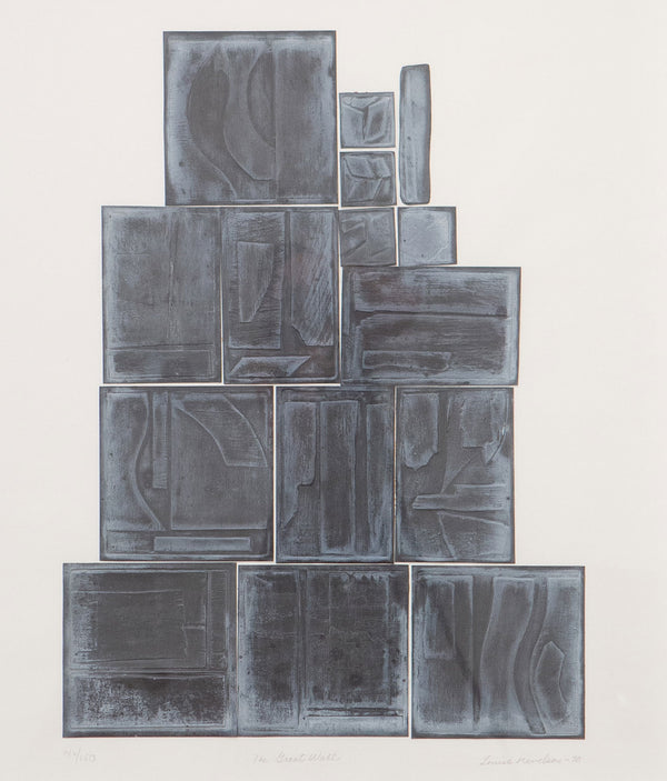 Louise Nevelson, American Art, "The Great Wall”  Italy, 1970  Embossed lead on CM Fabriano paper  Signed, titled, dated and numbered by the artist  From an edition of 150  29.25"H 24.5"W (work)  30.25"H 25.5"W (framed)  Published by Pace Editions, Inc.  Very good condition.  Note: the surface of this work has oxidized over time.  Detailed condition report upon request.  Original frame as issued (very good condition). Original Louise Nevelson Art for sale at Caviar20 Art Gallery Toronto