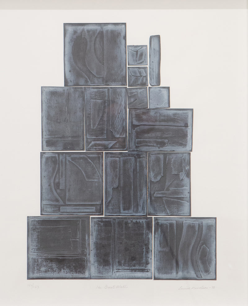 Louise Nevelson, American Art, "The Great Wall”  Italy, 1970  Embossed lead on CM Fabriano paper  Signed, titled, dated and numbered by the artist  From an edition of 150  29.25"H 24.5"W (work)  30.25"H 25.5"W (framed)  Published by Pace Editions, Inc.  Very good condition.  Note: the surface of this work has oxidized over time.  Detailed condition report upon request.  Original frame as issued (very good condition). Original Louise Nevelson Art for sale at Caviar20 Art Gallery Toronto