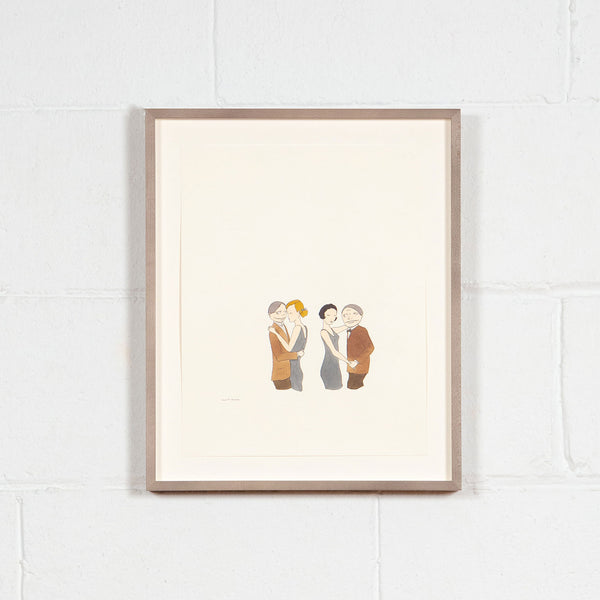 Marcel Dzama, Dance Date, Watercolor, 2001, Caviar20, framed and exhibited on white brick wall