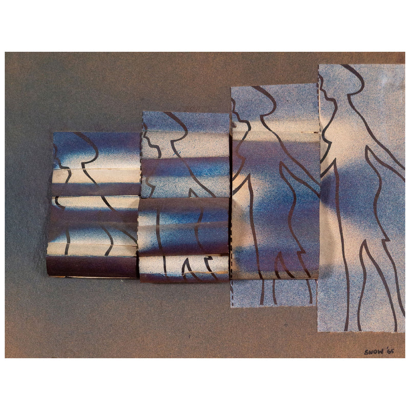 Michael Snow "Walking Woman Foldage" Mixed media, 1965. This work features four panels, each adorn with Snow's iconic walking woman silhouette. The panels are folded asymmetrically and sporadically spray painted blue, creating the illusion of movement.