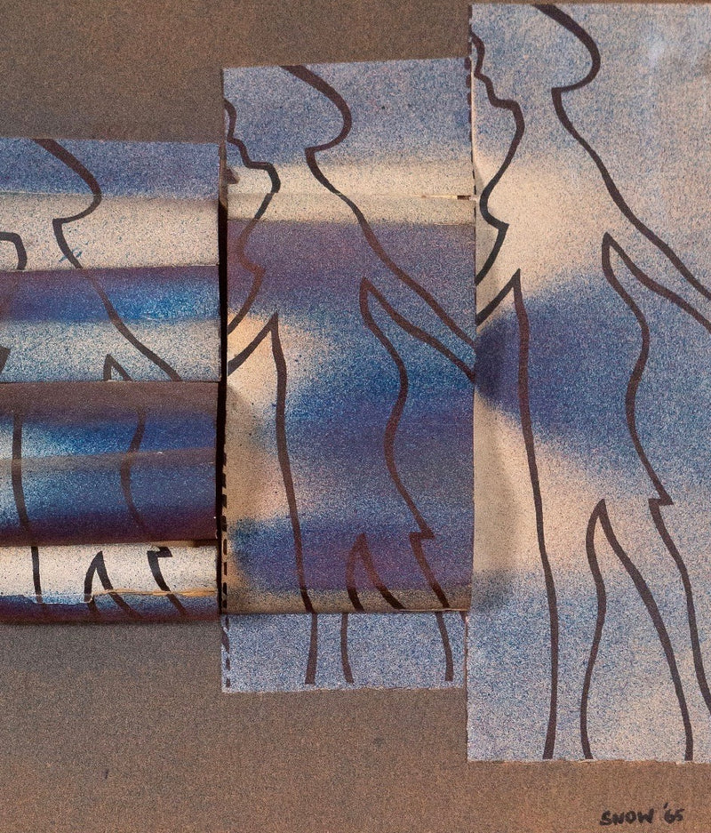 Michael Snow "Walking Woman Foldage" Mixed media, 1965. This work features four panels, each adorn with Snow's iconic walking woman silhouette. The panels are folded asymmetrically and sporadically spray painted blue, creating the illusion of movement.