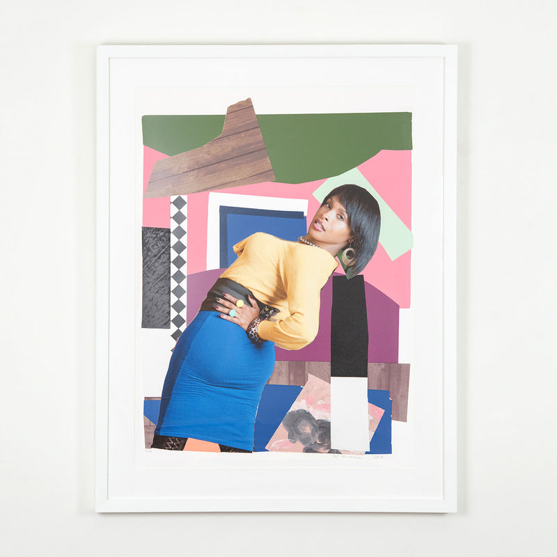 Mickalene Thomas "Keri On" 2019. In this work, Keri's peers over her shoulder at an exaggerated angle, her hand placed firmly on her hip, strengthening her stance as she looks back at the viewer. Typical of Thomas' muses she is both playful and assertive.