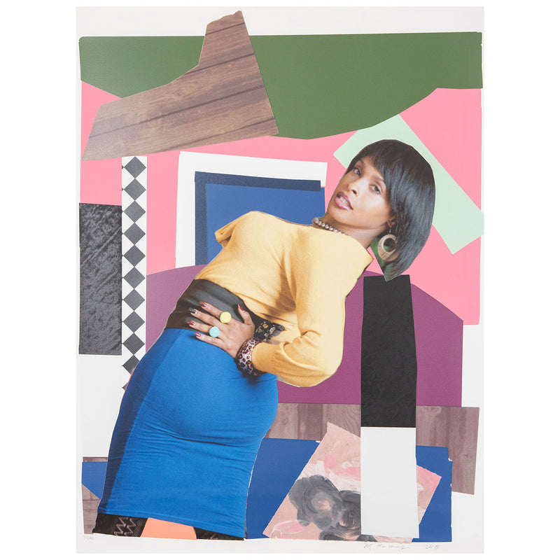 Mickalene Thomas "Keri On" 2019. In this work, Keri's peers over her shoulder at an exaggerated angle, her hand placed firmly on her hip, strengthening her stance as she looks back at the viewer. Typical of Thomas' muses she is both playful and assertive.