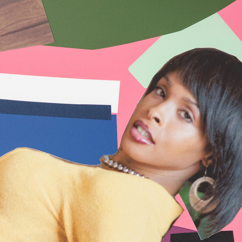 Mickalene Thomas "Keri On" 2019. In this work, Keri's peers over her shoulder at an exaggerated angle, her hand placed firmly on her hip, strengthening her stance as she looks back at the viewer. Typical of Thomas' muses she is both playful and assertive.