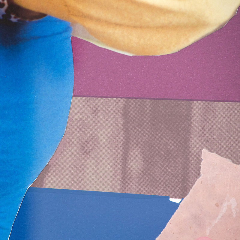 Mickalene Thomas "Keri On" 2019. In this work, Keri's peers over her shoulder at an exaggerated angle, her hand placed firmly on her hip, strengthening her stance as she looks back at the viewer. Typical of Thomas' muses she is both playful and assertive.