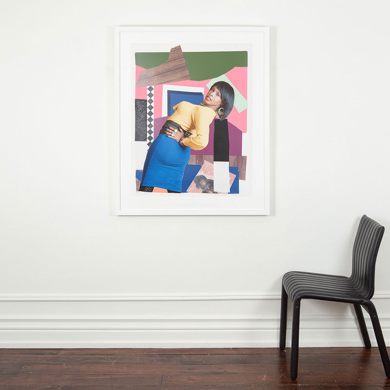 Mickalene Thomas "Keri On" 2019. In this work, Keri's peers over her shoulder at an exaggerated angle, her hand placed firmly on her hip, strengthening her stance as she looks back at the viewer. Typical of Thomas' muses she is both playful and assertive.