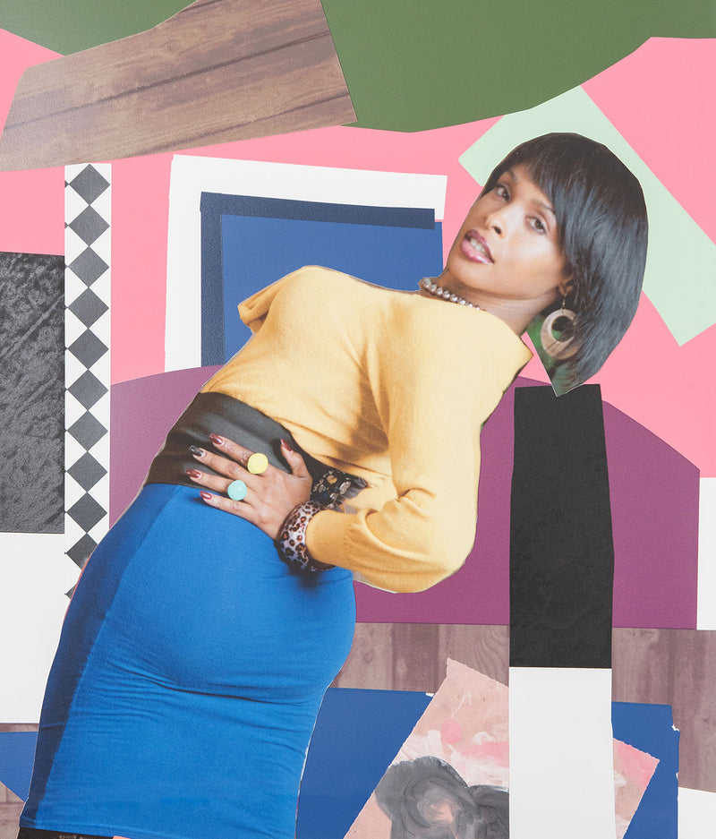 Mickalene Thomas "Keri On" 2019. In this work, Keri's peers over her shoulder at an exaggerated angle, her hand placed firmly on her hip, strengthening her stance as she looks back at the viewer. Typical of Thomas' muses she is both playful and assertive. 