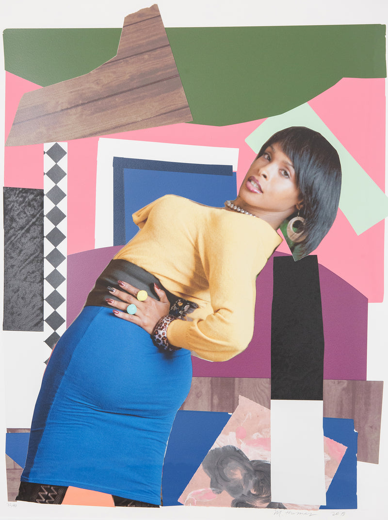 Mickalene Thomas "Keri On" 2019. In this work, Keri's peers over her shoulder at an exaggerated angle, her hand placed firmly on her hip, strengthening her stance as she looks back at the viewer. Typical of Thomas' muses she is both playful and assertive.
